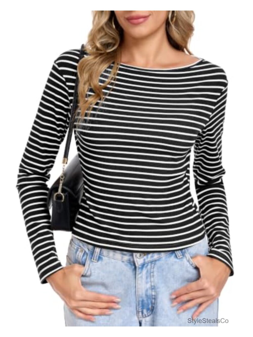 Women's Ribbed Knit Long Sleeve Striped T-Shirt